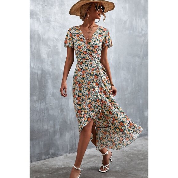 Beach Boho Maui Dresses & Skirts - Beach Boho Maui - Floral Surplice Neck Tied Midi Dress - Orange Floral